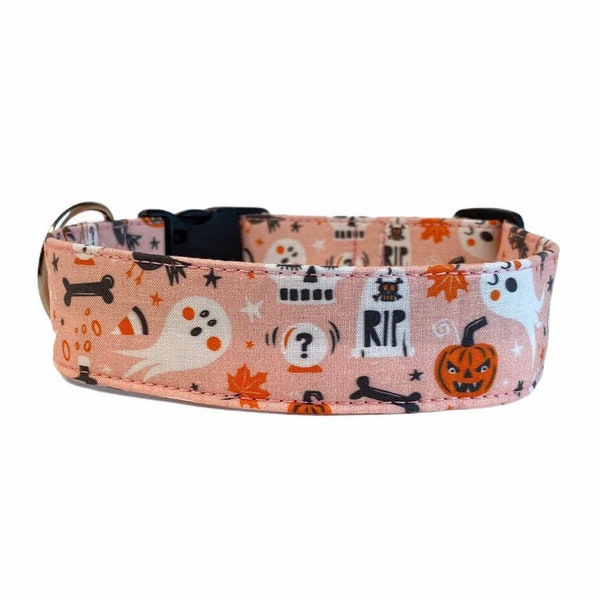 Pink Halloween Dog Collar, Embroidered Dog Collar, Personalized Dog Collar, Pumpkin Dog Collar, Collar, Ghost dog collar, Engraved Buckle