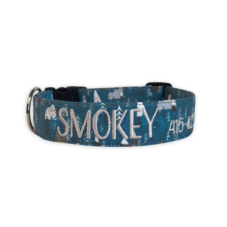 Personalized Dark Mountain Dog Collar | Embroidery & Engraving Options | Matching Leash, Flower and Bow Tie Options