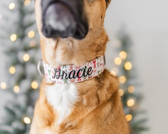 Personalized Christmas Bows Dog Collar | Embroidery & Engraving Options | Matching Leash, Flower and Bow Tie Options