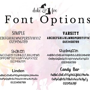 May include: A digital chart displaying font options titled Font Options with the brand name duke & fox. It lists six distinct typeface styles: Simple, Varsity, Shaken, StudMuffin, Linden, and Candy Bar, each showing the full alphabet and numbers 0-9.