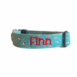 Shark Dog Collar, Embroidered Dog Collar, Personalized Dog Collar, Blue Dog Collar, Shark Collar, Engraved Buckle Collar, Custom Collar image 2