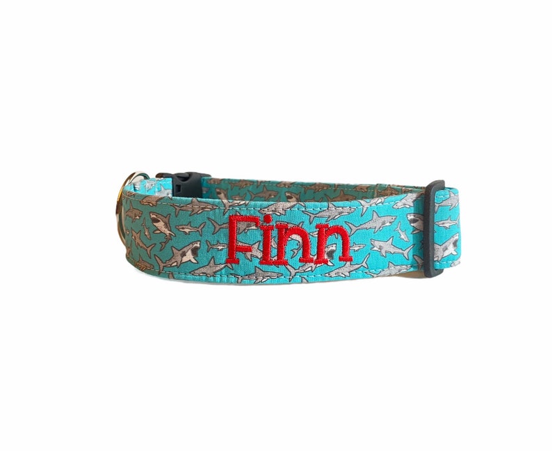 Shark Dog Collar, Embroidered Dog Collar, Personalized Dog Collar, Blue Dog Collar, Shark Collar, Engraved Buckle Collar, Custom Collar image 2