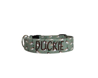 Personalized Mallard Dog Collar | Embroidery & Engraved Buckle Options | Matching Leash, Flower, and Bow Tie Options