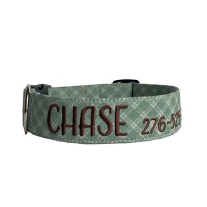 Fall Plaid Dog Collar, Green Dog Collar, Autumn Dog Collar, Embroidered Dog Collar, Engraved Dog Collar, Personalized Dog Collar, Custom