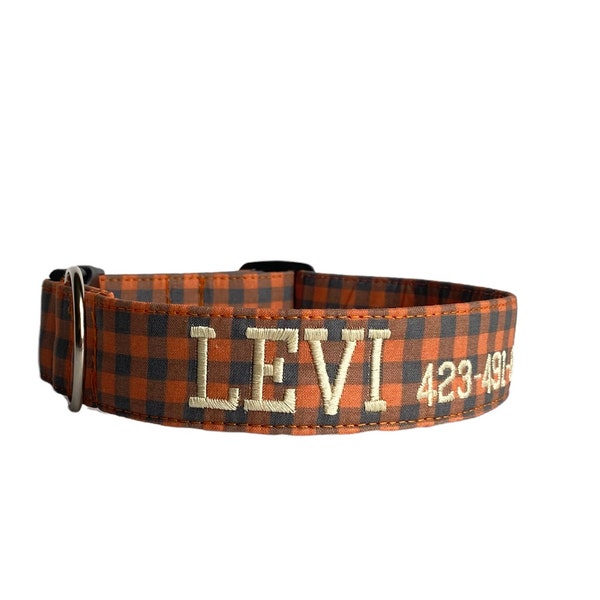 Personalized Orange Buffalo Dog Collar | Embroidery & Engraved Buckle Options | Matching Leash, Flower, and Bow Tie Options