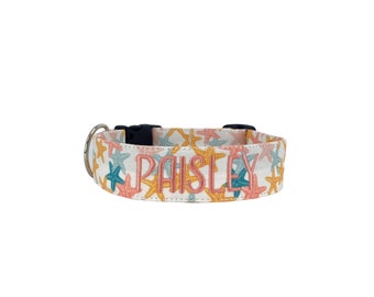 Starfish Dog Collar, Embroidered Dog Collar, Personalized Dog Collar, Summer Dog Collar, Collar, Custom Dog Collar, Engraved Collar, dog Tag