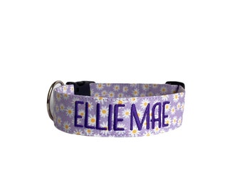 Purple Dog Collar, Embroidered Dog Collar, Personalized Dog Collar, Daisy Dog Collar, Custom Dog Collar, Engraved Buckle Dog Collar, Engrave