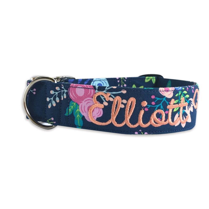 Blue Floral Dog Collar, Embroidered Dog Collar, Personalized Dog Collar, Blue & Pink Dog Collar, Custom Dog Collar, Engraved Buckle Collar 