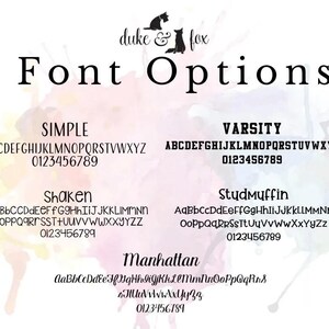 May include: Image showcasing font options with the text "duke & fox" at the top. The words "Font Options" are displayed in a bold, elegant font. Several font styles are presented, including "SIMPLE," "VARSITY," "Shaken," "Studmuffin," and "Manhattan," each with a sample alphabet and numbers.