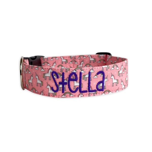 Pink Unicorn Dog Collar, Embroidered Dog Collar, Personalized Dog Collar, Rainbow Dog Collar, Engraved Buckle Dog Collar, Custom Dog Collar