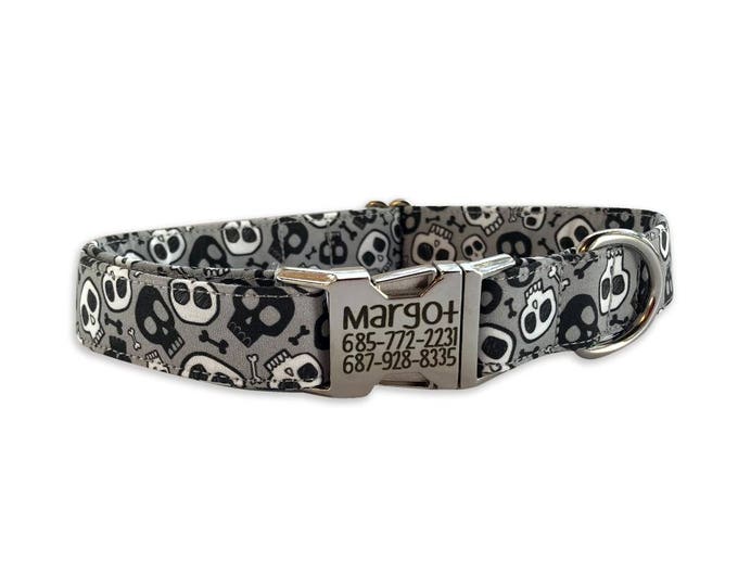 Skulls Engraved Dog Collar, Engraved Buckle Dog Collar, Personalized