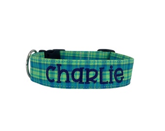 Green & Blue Plaid Dog Collar, Dog Collar, Summer Dog Collar, Embroidered Dog Collar, Engraved Dog Collar, Personalized Dog Collar, Custom