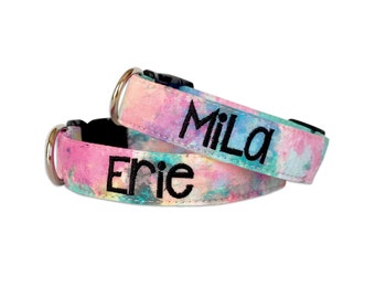 Watercolor Collar, Personalized Dog Collar, Embroidered Collar, Engraved Dog Collar, Custom Dog Collar, Summer Dog Collar, Pink Dog Collar