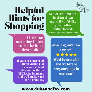 May include: A light blue graphic with text that reads "Helpful Hints for Shopping." It includes instructions on sizing, embroidery, and reviews. The website www.dukeandfox.com is also displayed.