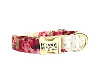 Rose Dog Collar, Engraved Buckle Dog Collar, Personalized Dog Collar, Floral Dog Collar, Custom Dog Collar, Custom Engraved Collar