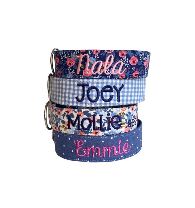 Embroidered Dog Collar, Personalized Dog Collar, Floral Dog Collar, Collar, Polka Dot Collar, Engraved Collar, Custom Dog Collars, Gingham image 1