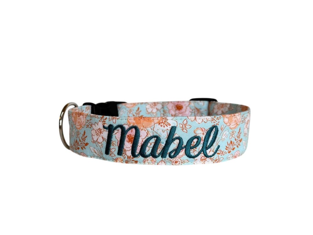 Blue & Coral Floral Personalized Dog Collar, Embroidered Floral Dog ...
