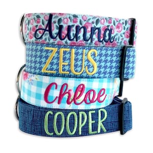 Dog Collar, Embroidered Dog Collar, Personalized Dog Collar, Floral Dog Collar, Custom Dog Collar, Engraved Dog Collar, Blue Dog Collar