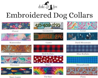 Dog Collar, Embroidered Dog Collar, Personalized Dog Collar, Floral Dog Collar, Custom Dog collar, Buffalo plaid collar, Engraved Collar