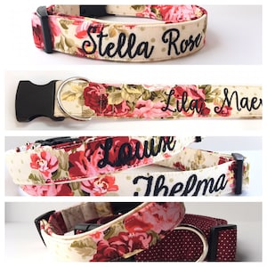 Dog Collar, Embroidered Dog Collar, Personalized Dog Collar, Rose Dog Collar, Custom Dog Collar, Engraved Dog Collar, Custom Dog Tag