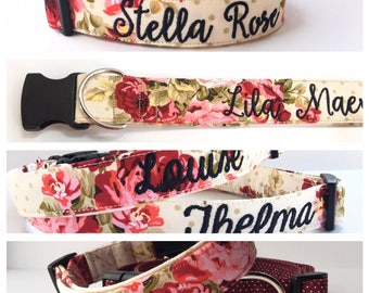 Dog Collar, Embroidered Dog Collar, Personalized Dog Collar, Rose Dog Collar, Custom Dog Collar, Engraved Dog Collar, Custom Dog Tag