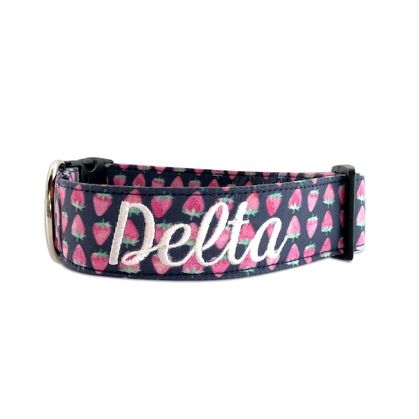 Strawberry Dog Collar, Embroidered Dog Collar, Personalized Dog Collar, Dog Collar, Dog Collar, Collar, Blue & Pink Dog Collar