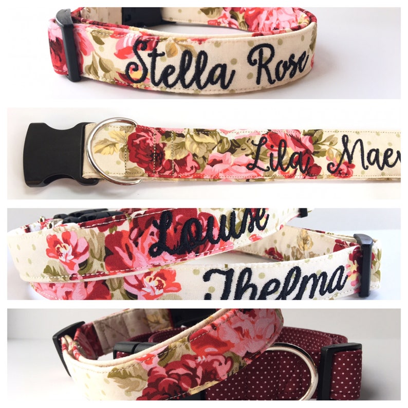 Floral Dog Collar, Embroidered Dog Collar, Personalized Dog Collar, Custom Dog Collar, Rose Dog Collar, Girl Dog Collar, Engraved Buckle image 7