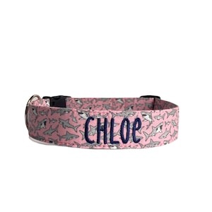 Shark Dog Collar, Dog Collar, Personalized Dog Collar, Embroidered Dog Collar, Pink Shark Dog Collar, Custom Dog Collar, Engraved Buckle