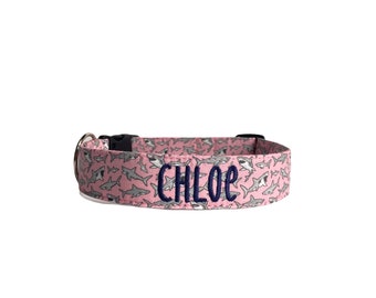 Shark Dog Collar, Dog Collar, Personalized Dog Collar, Embroidered Dog Collar, Pink Shark Dog Collar, Custom Dog Collar, Engraved Buckle