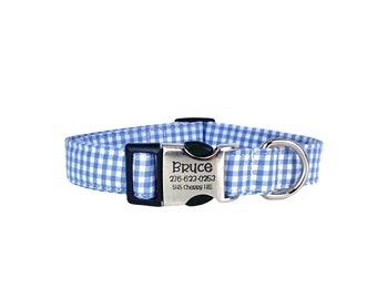 Baby Blue Gingham Dog Collar, Custom Dog Collar, Engraved Buckle Dog Collar, Personalized Dog Collar, Dog Collar with personalized buckle