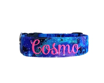 Cosmo Dog Collar, Embroidered Dog Collar, Personalized Dog Collar, Custom Dog Collar, Space Dog Collar, Galaxy Dog Collar, Moon Stars Collar