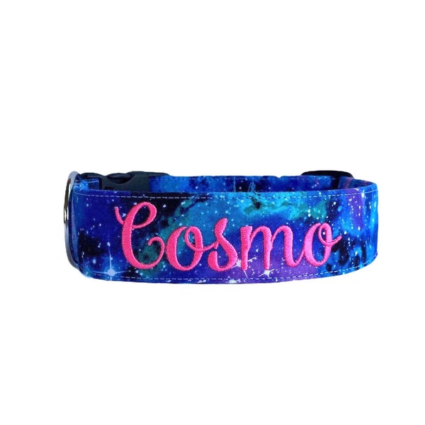 Cosmo Dog Collar, Embroidered Dog Collar, Personalized Dog Collar, Custom Dog Collar, Space Dog Collar, Galaxy Dog Collar, Moon Stars Collar