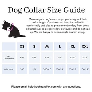 May include: A dog collar size guide with a black silhouette of a dog wearing a collar. The chart lists neck circumference and collar widths for sizes XS to XXL, ranging from 8-10 inches to 23-26 inches. The text advises measuring the dog's neck.