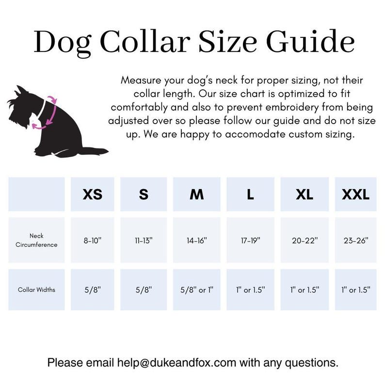 May include: A dog collar size guide with a black silhouette of a dog wearing a collar. The chart lists neck circumference and collar widths for sizes XS to XXL, ranging from 8-10 inches to 23-26 inches. The text advises measuring the dog's neck.