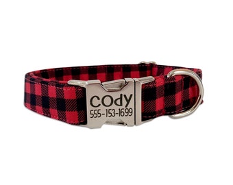 Buffalo Plaid Dog Collar, Engraved Buckle Dog Collar, Personalized Dog Collar, Tartan Dog Collar, Collar, Blue Collar, Green dog collar