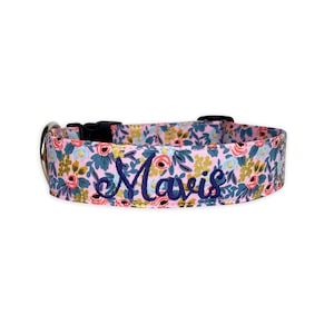 Dog Collar, Embroidered Dog Collar, Personalized Dog Collar, Custom Dog Collar, Pink & Gold Floral Collar, Engraved buckle collar, Dog Tag
