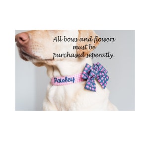 At Duke & Fox®, our stylish dog collar accessories—flowers and bows, and bow ties—are sold separately, allowing you to mix and match for the perfect look. Each accessory is handcrafted in Tennessee with quality fabrics and easy Velcro attachments that stay secure on your pet’s collar. Add a pop of color or seasonal flair to your pup’s personalized collar anytime.