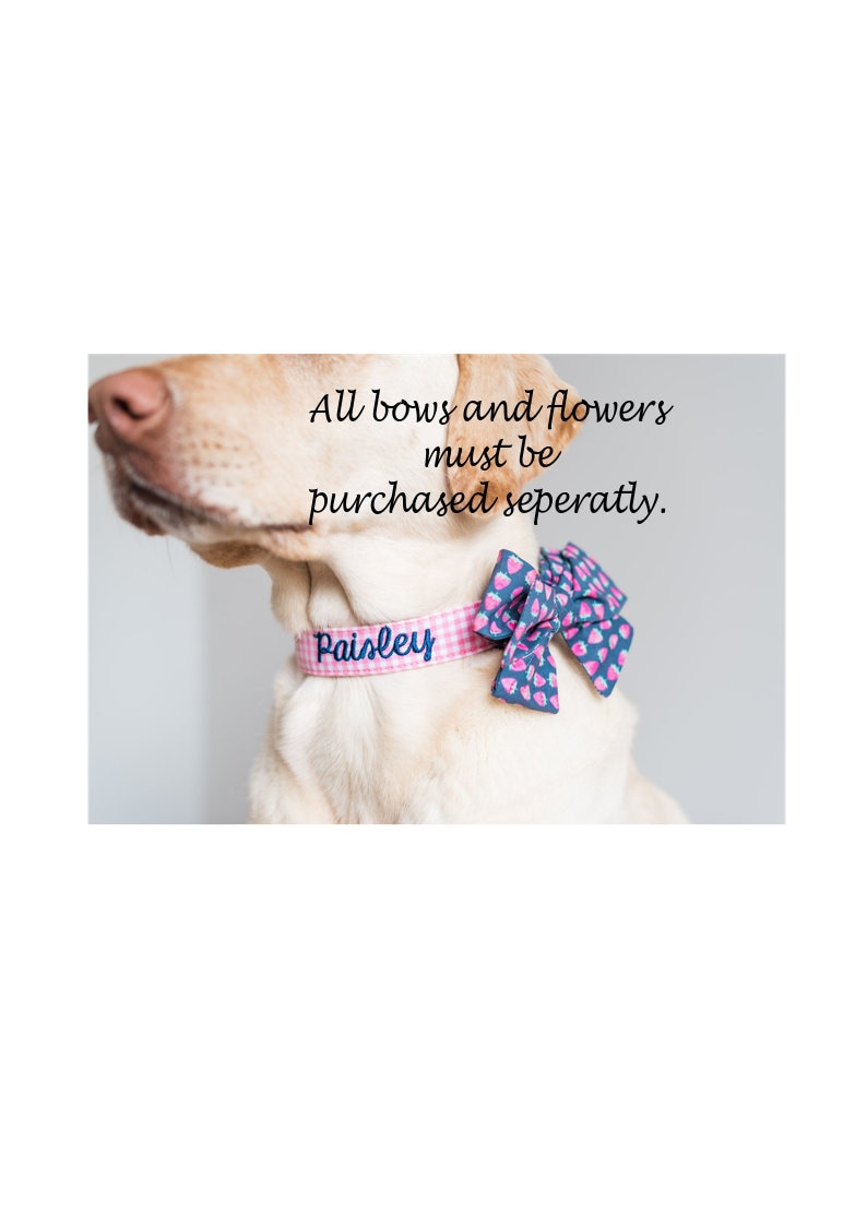At Duke & Fox®, our stylish dog collar accessories—flowers and bows, and bow ties—are sold separately, allowing you to mix and match for the perfect look. Each accessory is handcrafted in Tennessee with quality fabrics and easy Velcro attachments that stay secure on your pet’s collar. Add a pop of color or seasonal flair to your pup’s personalized collar anytime.