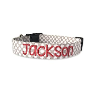Dog Collar, Embroidered Dog Collar, Personalized Dog Collar, polka dot Dog Collar, gray Dog Collar, Personalized Collar