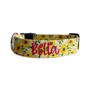 Sunflower Dog Collar, Embroidered Dog Collar, Personalized Dog Collar, Floral Dog Collar, Custom Collar, Engraved Buckle Collar, Fall Collar