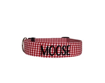 Red Gingham Dog Collar, Embroidered Dog Collar, Personalized Dog Collar, Red Plaid Dog Collar, Personalized Collar, Custom Collar, Engraved