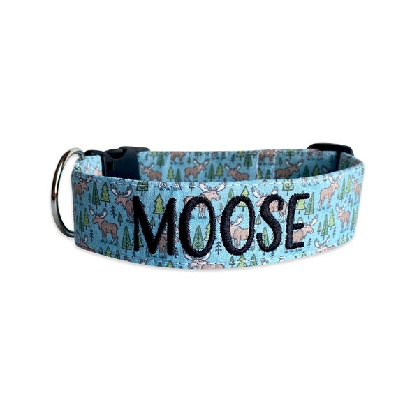 Dog Collar, Embroidered Dog Collar, Personalized Dog Collar, Moose Dog Collar, Engraved Buckle Dog Collar, Dog Collar, Large Dog Collar