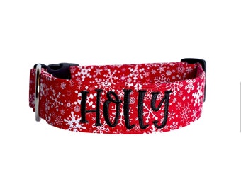 Christmas Dog Collar, Embroidered Dog Collar, Personalized Dog Collar, Snowflake dog collar, Custom Dog Collar, Engraved Collar, Dog ID