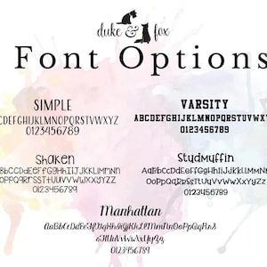 May include: Image showcasing font options with the text "duke & fox" at the top. The words "Font Options" are displayed in a bold, elegant font. Several font styles are presented, including "SIMPLE," "VARSITY," "Shaken," "Studmuffin," and "Manhattan," each with a sample alphabet and numbers.