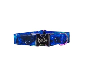 Cosmo Dog Collar, Custom Dog Collar, Engraved Buckle Dog Collar, Personalized Dog Collar, Space Dog Collar, Rainbow Buckle Collar, Moon Dog
