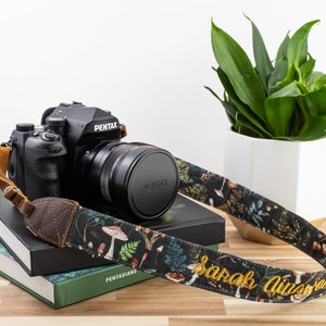 Fall Camera Strap, Personalized Camera Strap, Leather Camera Strap, Monogramed Camera Strap, Embroidered Camera Strap, Mushroom Camera Strap