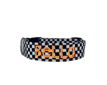 Racing Fan Personalized Dog Collar, Embroidered Dog Collar, Custom Dog Collar, Checkered Flag Dog Collar, Checker Collar