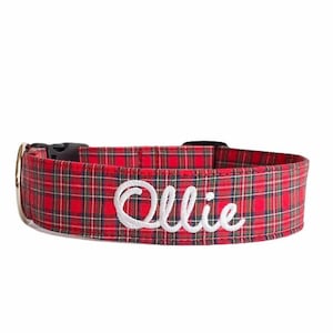 Christmas Plaid Collar, Embroidered Dog Collar, Personalized Dog Collar, Plaid Dog Collar,Custom Dog Collar, Santa Collar, Red Tartan Collar