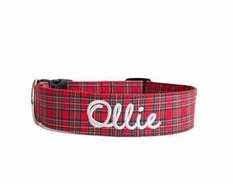 Christmas Plaid Collar, Embroidered Dog Collar, Personalized Dog Collar, Plaid Dog Collar,Custom Dog Collar, Santa Collar, Red Tartan Collar