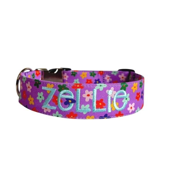 Gänseblümchen Hundehalsband gestickt, Gänseblümchen Hundehalsband, Hundehalsband personalisiert
